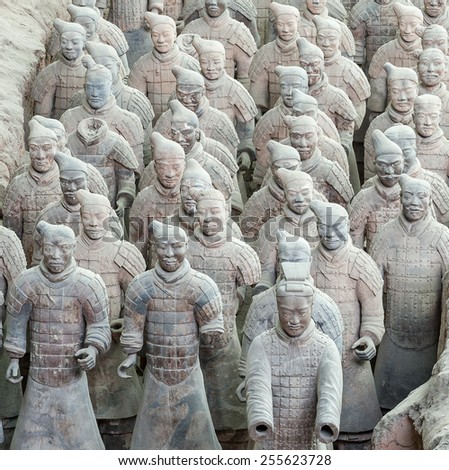 XIAN - APRIL 9: exhibition of the famous Chinese Terracotta Warriors on April 9, 2014 in Xian, China. The terracotta warriors are made in 210-??209 BCE to protect the emperor in his afterlife.