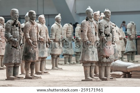 XIAN - APRIL 9: exhibition of the famous Chinese Terracotta Warriors on April 9, 2014 in Xian, China. The terracotta warriors are made in 210 - 209 BCE to protect the emperor in his afterlife.