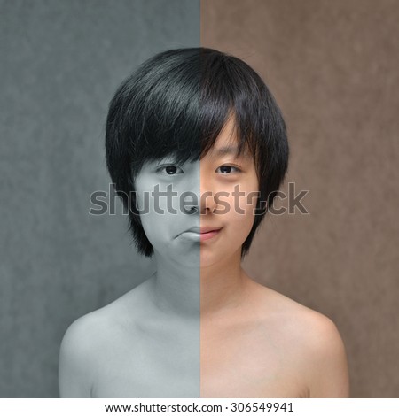 Happy and sad face of young Asian boy