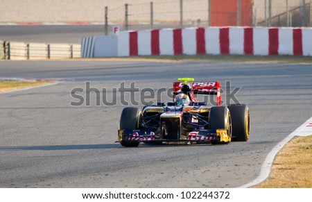 BARCELONA - FEBRUARY 24: Jean Eric Vergne of Toro Rosso F1 team racing at Formula One Teams Test Days at Catalunya circuit on February 24, 2012 in Barcelona, Spain.