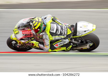 BARCELONA - JUNE 3: Andrea Iannone of Speed Master team racing at the race of Moto2 Grand Prix of Catalunya, on June 3, 2012 in Barcelona, Spain. He wins the race.