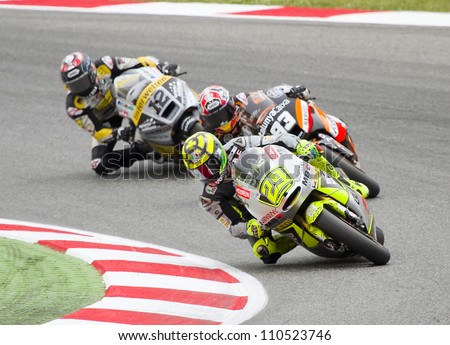 BARCELONA - JUNE 3: Andrea Iannone (29) of Speed Master team racing at the race of Moto2 Grand Prix of Catalunya, on June 3, 2012 in Barcelona, Spain.