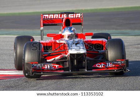 BARCELONA - FEBRUARY 21: Charles Pic of Marussia F1 team racing at Formula One Teams Test Days at Catalunya circuit on February 21, 2012 in Barcelona, Spain.