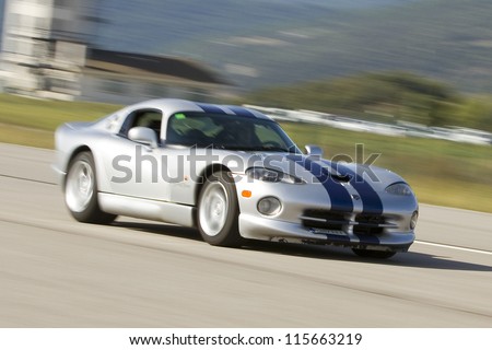 LA SEU D\'URGELL, SPAIN - OCTOBER 7: A Dodge Viper take part in Road and Track racing weekend organized by American Car Club, on October 7, 2012, in La Seu d\'Urgell, Spain.