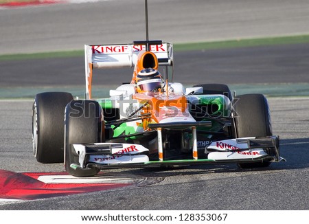 BARCELONA - FEBRUARY 21: Nico Hulkenberg of Force India F1 team racing at Formula One Teams Test Days at Catalunya circuit on February 21, 2012 in Barcelona, Spain.