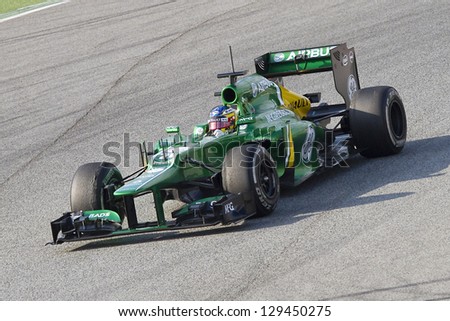 BARCELONA - FEBRUARY 19: Charles Pic racing with his new Caterham CT03 at Formula One Teams Test Days at Catalunya circuit on February 19, 2013 in Montmelo, Barcelona, Spain.