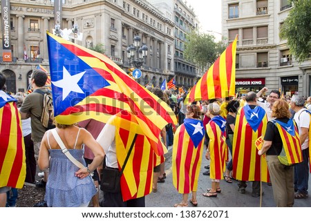 BARCELONA, SPAIN - SEPTEMBER 11: Up to a million people converge on Barcelona to join a rally demanding independence for Catalonia, on September 11, 2012, in Barcelona, Spain.