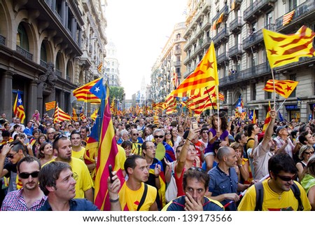 BARCELONA, SPAIN - SEPTEMBER 11: Up to a million people converge in Barcelona to join a rally demanding independence for Catalonia, on September 11, 2012, in Barcelona, Spain.