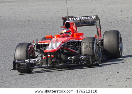BARCELONA - MARCH 2: Jules Bianchi racing with his new Marussia MR02 at Formula One Teams Test Days at Catalunya circuit on March 2, 2013 in Montmelo, Barcelona, Spain.