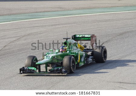 BARCELONA - FEBRUARY 24: Charles Pic racing with his new Caterham CT03 at Formula One Teams Test Days at Catalunya circuit on February 24, 2013 in Montmelo, Barcelona, Spain.