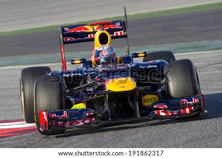 BARCELONA - FEBRUARY 21: Sebastian Vettel of Red Bull F1 team racing at Formula One Teams Test Days at Catalunya circuit on February 21, 2012 in Barcelona, Spain.