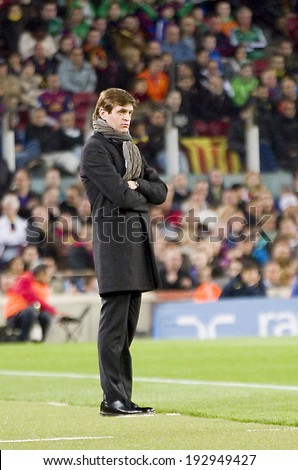 BARCELONA - APRIL 6: Tito Vilanova, coach of FCB, at Spanish league match between FC Barcelona and RDC Mallorca, final score 5-0, on April 6, 2013, in Barcelona, Spain. He has died of cancer aged 45.