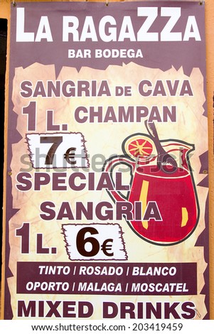 LLORET DE MAR, SPAIN - APRIL 30: Sangria billboard in a pub of this touristic town, on April 30, 2012, in Lloret de Mar, Spain.