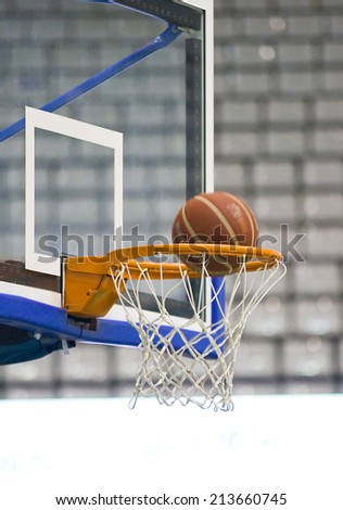 BADALONA, SPAIN - APRIL 13: Ball inside the basket net during Spanish Basketball League match between Joventut and Zaragoza, final score 82-57, on April 13, 2014, in Badalona, Spain.