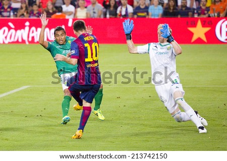 BARCELONA, SPAIN - AUGUST 18: Leo Messi of FCB (10) scores a goal at Gamper friendly match between FC Barcelona and Club Leon FC, final score 6-0, on August 18, 2014, in Camp Nou, Barcelona, Spain.