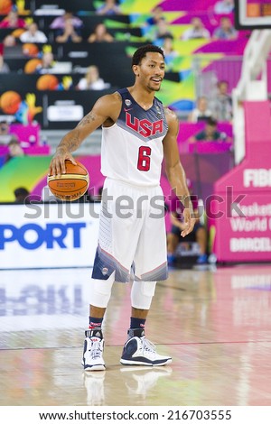 BARCELONA, SPAIN - SEPTEMBER 11: Derrick Rose of USA in action at FIBA World Cup basketball match between USA Team and Lithuania, final score 96-68, on September 11, 2014, in Barcelona, Spain.