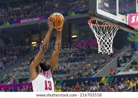 BARCELONA, SPAIN - SEPTEMBER 11: James Harden of USA in action at FIBA World Cup basketball match between USA Team and Lithuania, final score 96-68, on September 11, 2014, in Barcelona, Spain.