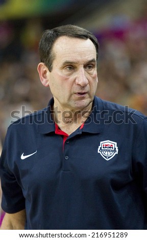 BARCELONA, SPAIN - SEPTEMBER 6: Mike Krzyzewski, coach of USA, at FIBA World Cup basketball match between USA and Mexico, final score 86-63, on September 6, 2014, in Barcelona, Spain.