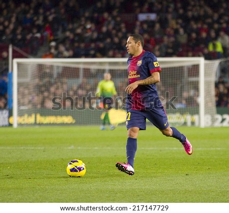 BARCELONA - JANUARY 27: Adriano Correia of FCB in action at the Spanish League match between FC Barcelona and Osasuna, final score 5 - 1, on January 27, 2013, in Barcelona, Spain.