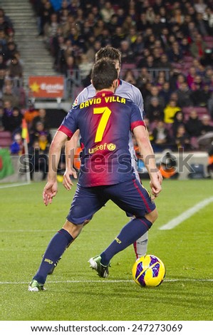 BARCELONA - JANUARY 27: David Villa of FCB in action at the Spanish League match between FC Barcelona and Osasuna, final score 5 - 1, on January 27, 2013, in Barcelona, Spain.