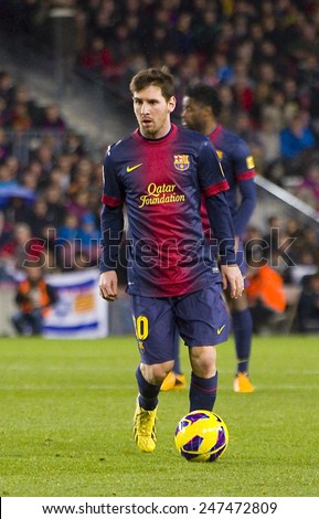 BARCELONA - JANUARY 27: Lionel Messi of FCB in action at the Spanish League match between FC Barcelona and Osasuna, final score 5 - 1, on January 27, 2013, in Barcelona, Spain.
