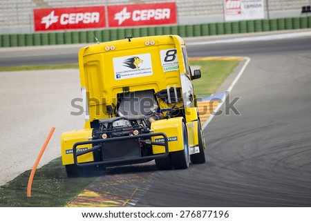 VALENCIA, SPAIN - APRIL 25: European Truck Racing Championship. Anthony Janiec of MAN team compete at Ricardo Tormo circuit, on April 25, 2015, in Cheste, Valencia, Spain. Jochen Hahn wins the race.