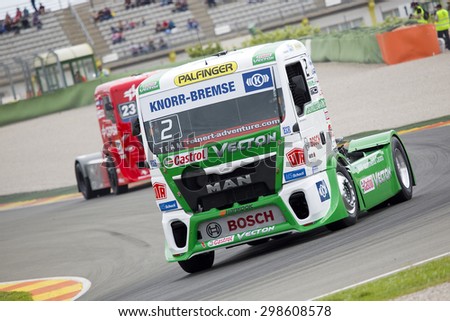 VALENCIA, SPAIN - APRIL 25: European Truck Racing Championship. Jochen Hahn of MAN team compete at Ricardo Tormo circuit, on April 25, 2015, in Cheste, Valencia, Spain. He wins the race.