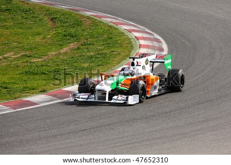 BARCELONA - FEBRUARY 28: Adrian Sutil (Force India) tests his new car during Formula One Teams Test Days at Catalunya circuit February 28, 2010 in Barcelona.