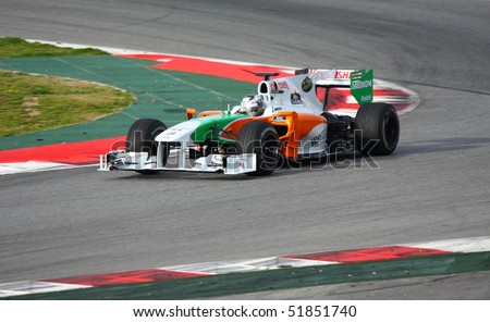 BARCELONA - FEBRUARY 28: Adrian Sutil (Force India) tests his new car during Formula One Teams Test Days at Catalunya circuit February 28, 2010 in Barcelona.