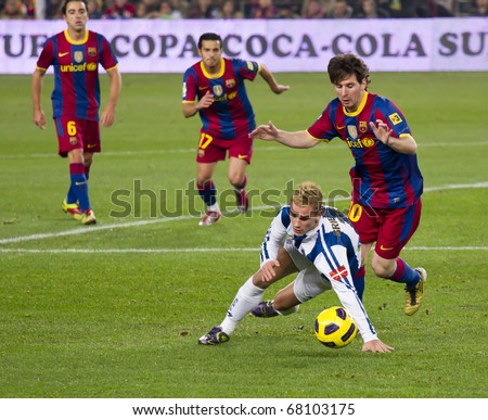 BARCELONA - DECEMBER 13: Leo Messi (10) in action on the soccer field at Nou Camp Stadium. The Spanish team FC Barcelona beat the Real Sociedad, 5-0, December 13, 2010 in Barcelona (Spain).