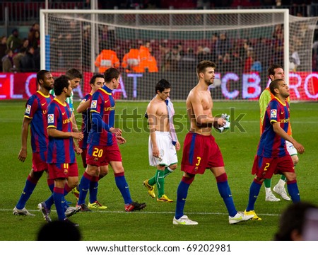 BARCELONA - JANUARY 12: Camp Nou football stadium, soccer Spanish Cup: FC Barcelona - Real Betis, 5 - 0. In the picture, players after the match. January 12, 2011 in Barcelona (Spain).