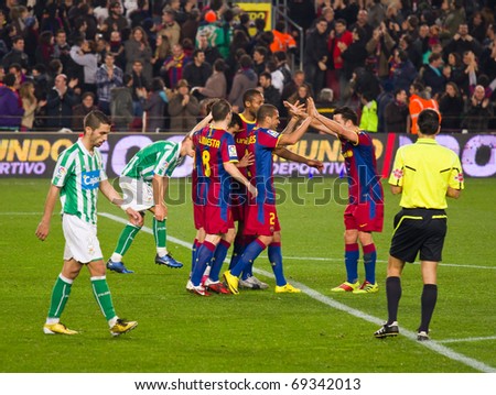 BARCELONA - JANUARY 12: Nou Camp football stadium, soccer Spanish Cup: FC Barcelona - Real Betis, 5 - 0. In the picture, players celebrating a goal. January 12, 2011 in Barcelona (Spain).