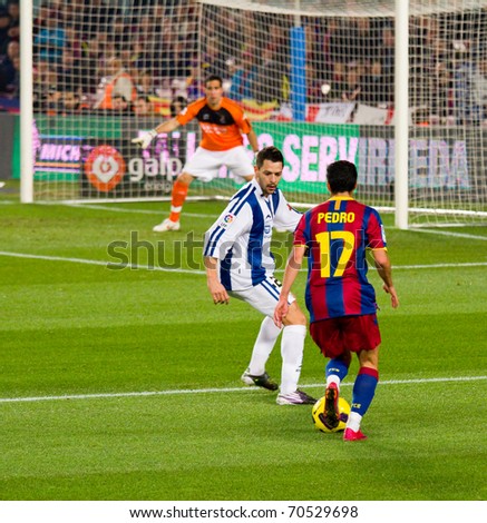 BARCELONA - DECEMBER 13: Nou Camp stadium, Spanish Soccer League match: FC Barcelona - Real Sociedad, 5 - 0. In the picture, Pedro (17) in action. December 13, 2010 in Barcelona (Spain).