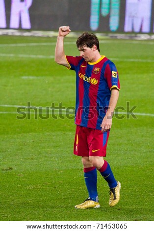 BARCELONA - JANUARY 12: Nou Camp football stadium, soccer Spanish Cup: FC Barcelona - Real Betis, 5 - 0. In the picture, Leo Messi celebrating a goal. January 12, 2011 in Barcelona (Spain).