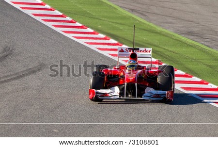 BARCELONA - FEBRUARY 18: Fernando Alonso (Ferrari) tests his new F1 car during Formula One Teams Test Days at Catalunya circuit February 18, 2011 in Barcelona (Spain).