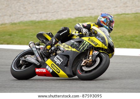 BARCELONA - JUNE 3: Colin Edwards of Monster Yamaha Tech 3 Team racing at Free Practice Session of MotoGP Grand Prix of Catalunya, on June 3, 2011 in Barcelona, Spain.