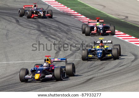 BARCELONA - OCTOBER 9: Lewis Williamson (3), Jake Rosenzweig (20) and Arthur Pic (2) racing at Formula Renault 3.5 World Series, on October 9, 2011, in Circuit de Catalunya, Barcelona, Spain.