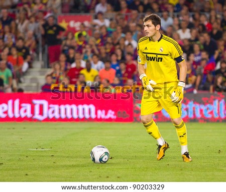 BARCELONA - AUGUST 17: Iker Casillas in action during the Spanish Super Cup final match between FC Barcelona and Real Madrid, 3 - 2, on August 17, 2011 in Barcelona, Spain.
