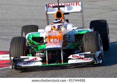 BARCELONA - FEBRUARY 21: Nico Hulkenberg of Force India F1 team races during Formula One Teams Test Days at Catalunya circuit on February 21, 2012 in Barcelona, Spain.