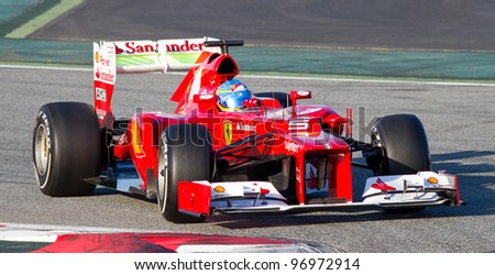 BARCELONA - FEBRUARY 21: Fernando Alonso of Ferrari F1 team racing during Formula One Teams Test Days at Catalunya circuit on February 21, 2012 in Barcelona, Spain.