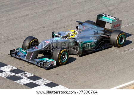 BARCELONA - FEBRUARY 21: Nico Rosberg of Mercedes GP F1 team races during Formula One Teams Test Days at Catalunya circuit on February 21, 2012 in Barcelona, Spain.
