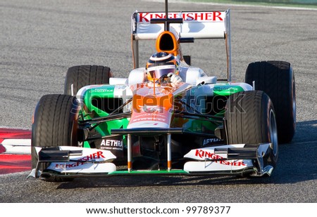 BARCELONA - FEBRUARY 21: Nico Hulkenberg of Force India F1 team racing at Formula One Teams Test Days at Catalunya circuit on February 21, 2012 in Barcelona, Spain.