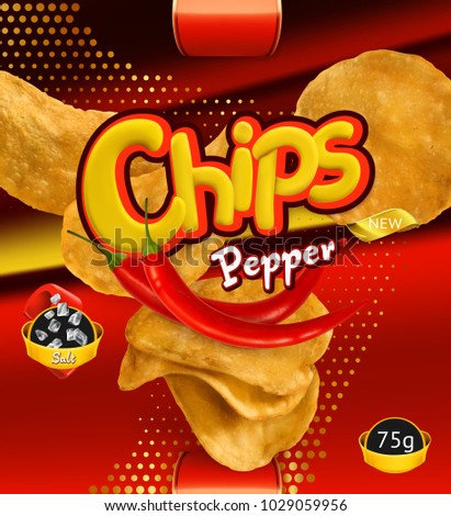 Potato chips. Pepper flavor. Design packaging, 3d vector template