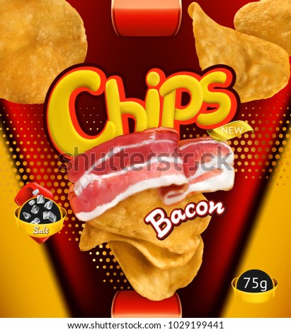 Potato chips. Bacon flavor. Design packaging, 3d vector template