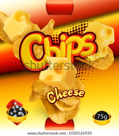 Potato chips. Cheese flavor. Design packaging, 3d vector template