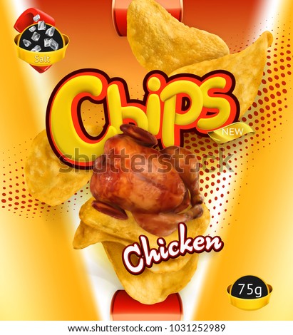 Potato chips. Chicken flavor. Design packaging, 3d vector template