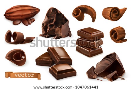 Chocolate. Pieces, shavings, cocoa fruit. 3d realistic vector icon set Imagine de stoc © 