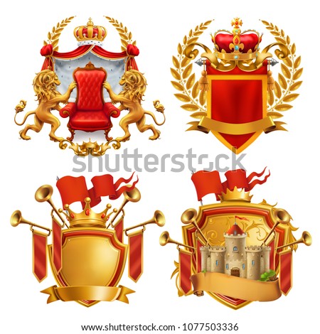 Royal coat of arms. King and kingdom, 3d vector emblem set