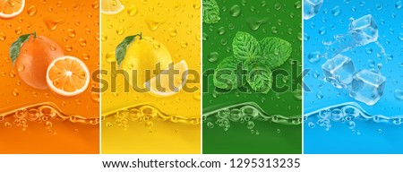 Juicy and fresh fruit. Orange, Lemon, mint, ice water. Dew drops and splash. 3d vector realistic set. High quality 50Mb eps