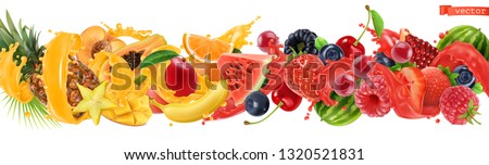 Sweet tropical fruits and mixed berries. Splash of juice. Watermelon, banana, pineapple, strawberry, orange, mango, blueberry, cherry, raspberry, papaya. 3d vector realistic, high quality 50mb eps